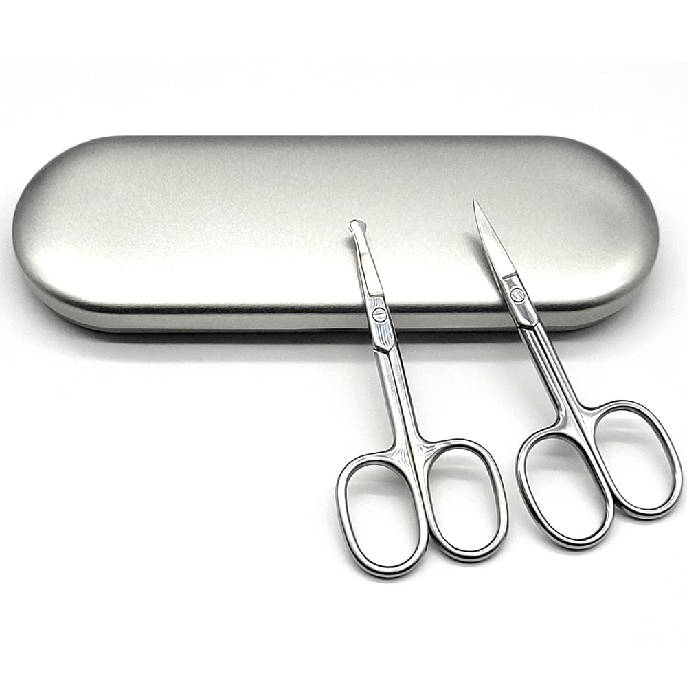 Stainless Steel Groming Scissors Pack of 2 with Travel Case - Eyebrow, Nose Hair, Mustache, Beard, Eyelashes, Ear Trimming Kit & Rounded Tip Facial Beauty and Personal Care GREIGHT BRAND PRODUCTS