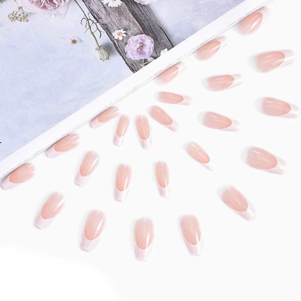 Aksod Long Coffin French Manicure Press on Nails Tips Glossy Pink Fake Nails Designed Ballerina Full Cover Artificial False Nails Tips for Women Beauty & Personal Care Aksod