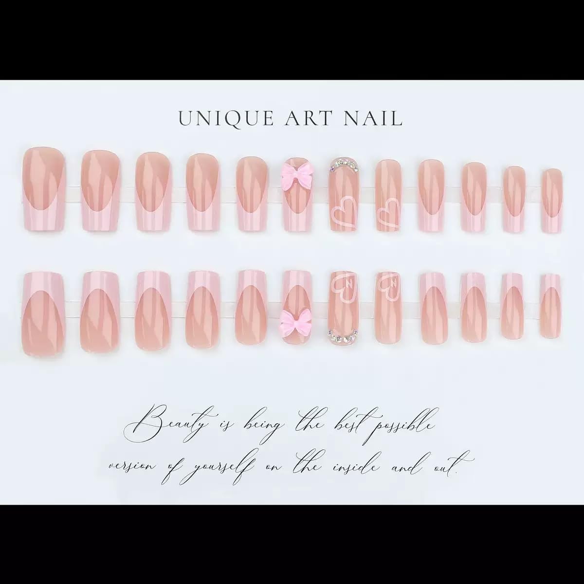 CTTHNBD Medium Press on Nails Coffin - Pink French Tip Fake Nails, Heart, Rhinestone Beauty and Personal Care CTTHNBD