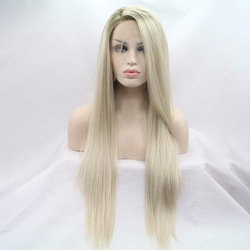 Ombre Blonde Wig Long Silky Straight Blonde Lace Front Wigs for Women Natural Hairline Dark Roots Long Lace Wig Glueless Synthetic Heat Resistant