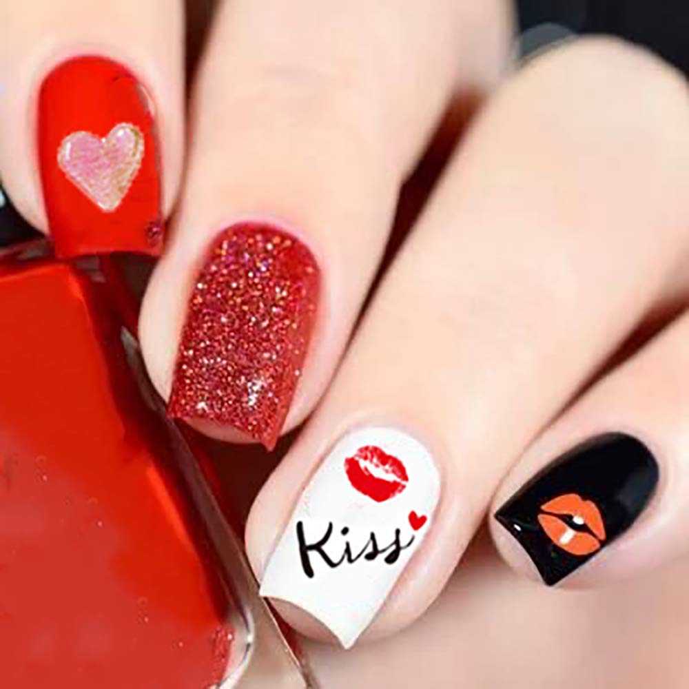 Valentine's Day Nail Decals - 12 Sheets Heart Rose Love Sexy Lips Lipstick Valentines Nail Art Tattoo Stickers DIY Nail Decoration for Women Girls Beauty & Personal Care Qdsuh