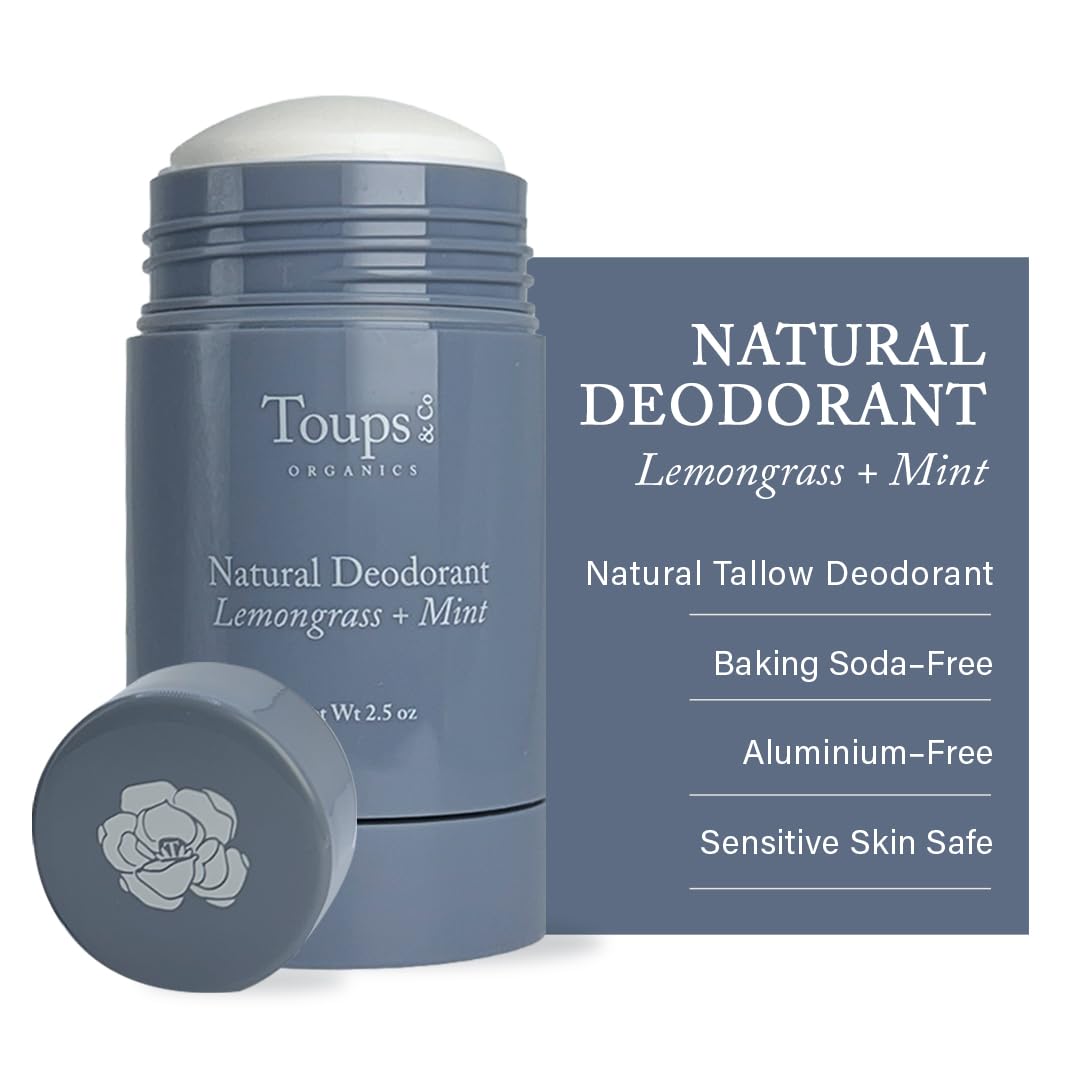 Toups & Co Natural Lemongrass & Mint Deodorant - Aluminum & Baking Soda Free - Grass-Fed Tallow Formula - Long-Lasting Odor Protection - Gentle Beauty and Personal Care Toups and Co