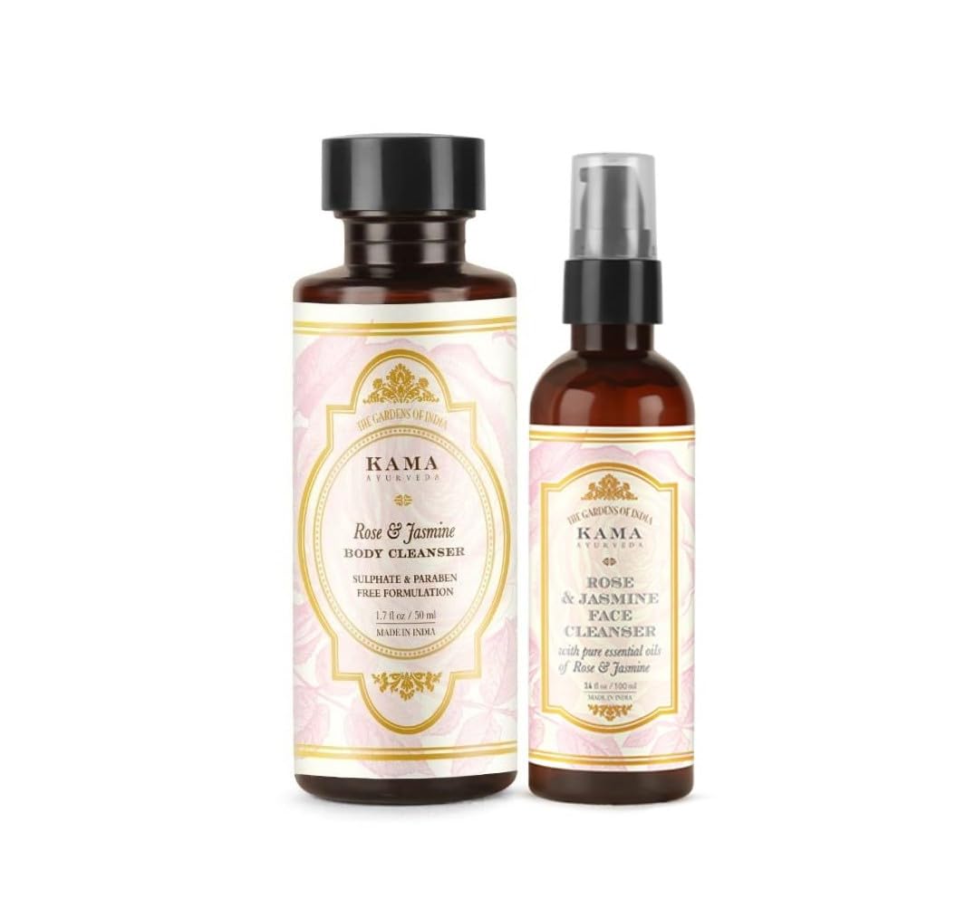 Kama-Ayurveda's Rose and Jasmine Mini Travel Pack, Body Cleanser 50ml, Face Cleanser 30ml, Travel Size Combo Beauty and Personal Care FOUNTINA