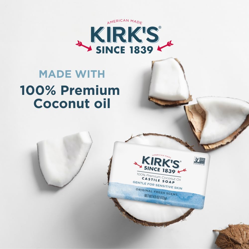 Kirk's Castile Bar Soap for Men, Women & Children - Made With Premium Coconut Oil, Sensitive Skin Formula, Vegan, Non GMO, Original Fresh Scent, 4 oz. Beauty & Personal Care Kirk's