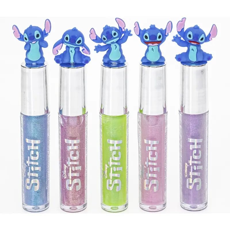 Disney Stitch Lip Gloss Set - 5 Piece Plant Based Kids Makeup with Collectible Figurines, Ages 3+ Beauty and Personal Care Disney Stitch