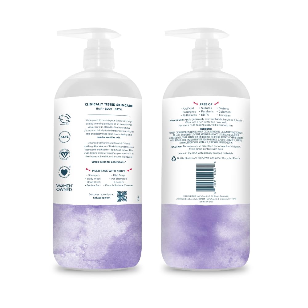 Kirk's 3-in-1 Head to Toe Nourishing Liquid Cleanser- for Men, Women & Children - Premium Coconut Oil & Aloe Vera- Non GMO & Vegan - Lavender Beauty & Personal Care Kirk's