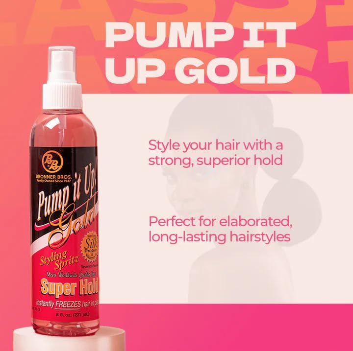 Bronner Bros Pump It Up Styling Spritz Gold 80% - Fast-Dry Hair Spray Extra Hold with Vitamin B5 & Silk Protein - Maximum Hold Finishing Spritz Beauty & Personal Care Bronner Bros
