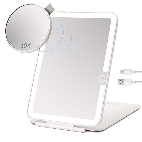 LUKYMIRO Rechargeable Travel Makeup Mirror with Lights, Portable Lighted Regular Mirror with Small 10X Magnification, 70 LEDs 3 Color Dimmable Beauty & Personal Care LUKYMIRO