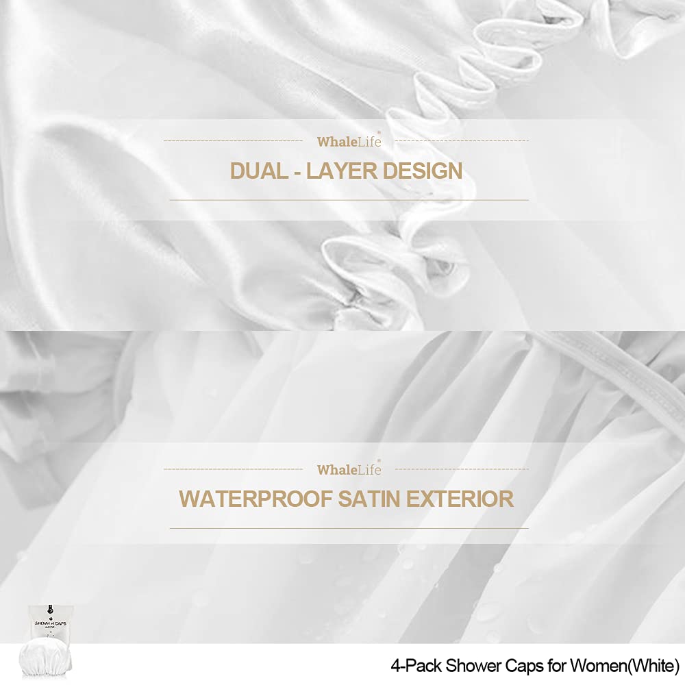 Shower Cap for Women Reusable Extra Large Shower Cap for Men (White 4 Pack Large) Satin Double Layer EVA Waterproof Long Hair Cap Beauty & Personal Care WhaleLife