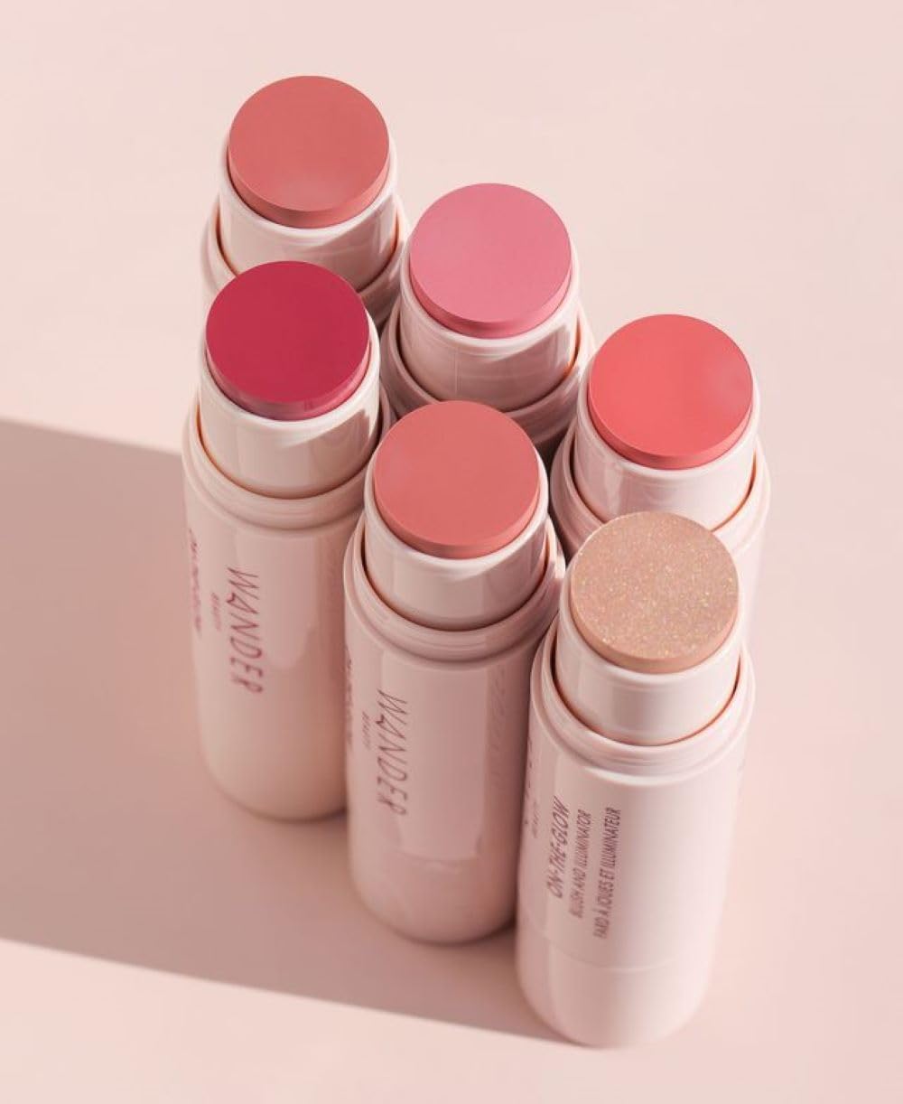"Wander Beauty On-the-Glow Blush and Illuminator - Strawberry Fields/Nude Glow - 7-in-1 Hydrating Cream Blush & Highlighting Stick - Highlighter
