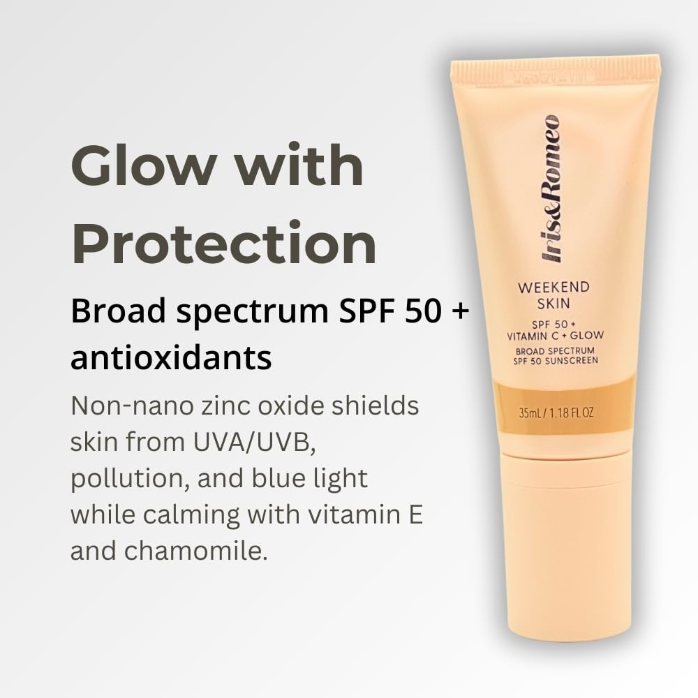 IRIS&ROMEO Weekend Skin SPF 50 Instant Glow Tinted Mineral Sunscreen with Vitamin C + Niacinamide Full Size 1.18 Oz - Universal Glow (Sheer