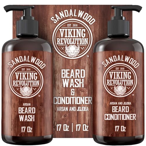 Viking Revolution Beard Wash & Beard Conditioner Set with Argan & Jojoba Oils - Softens and Strengthens - Natural Sandalwood Scent - Beard Shampoo Beauty & Personal Care Viking Revolution