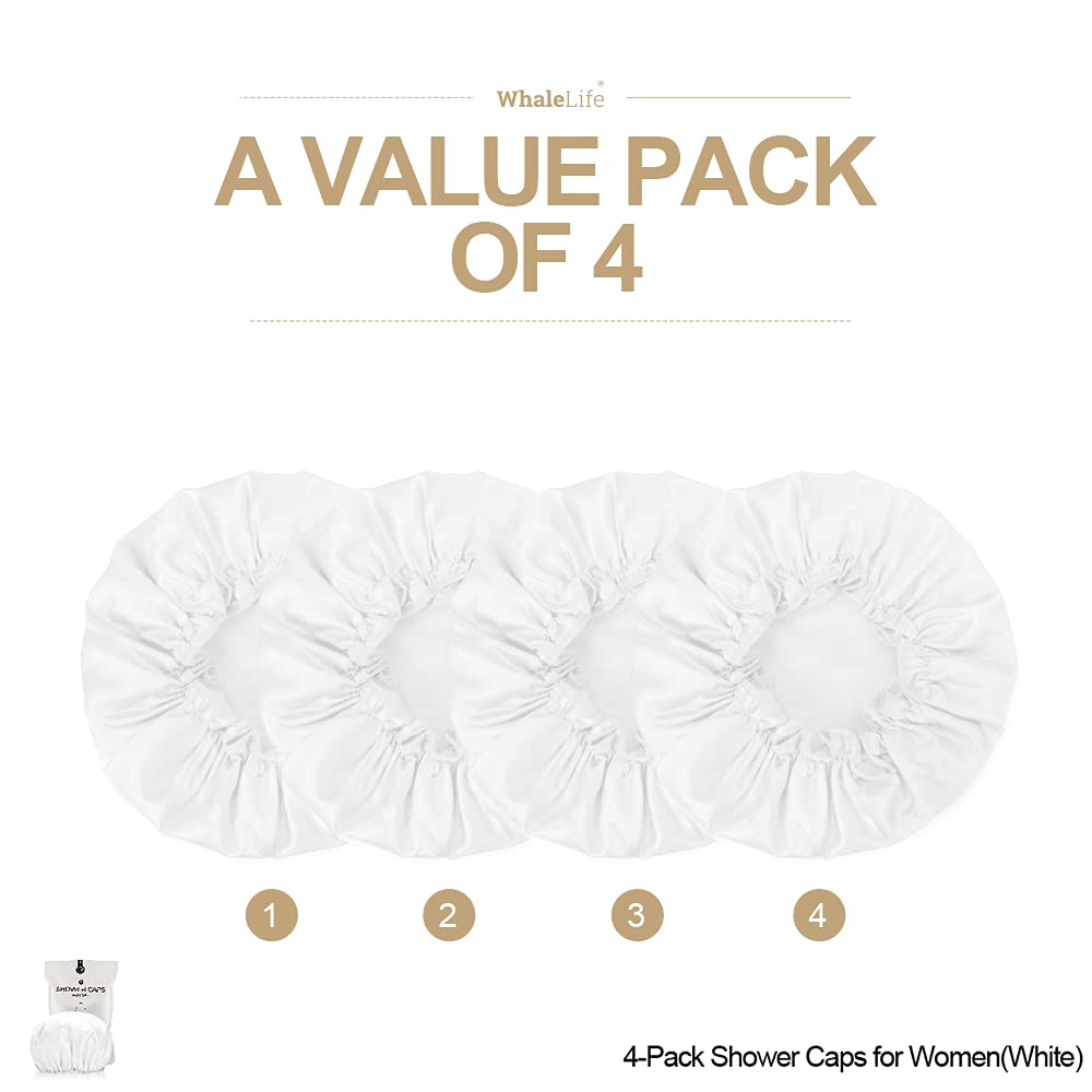 Shower Cap for Women Reusable Extra Large Shower Cap for Men (White 4 Pack Large) Satin Double Layer EVA Waterproof Long Hair Cap Beauty & Personal Care WhaleLife