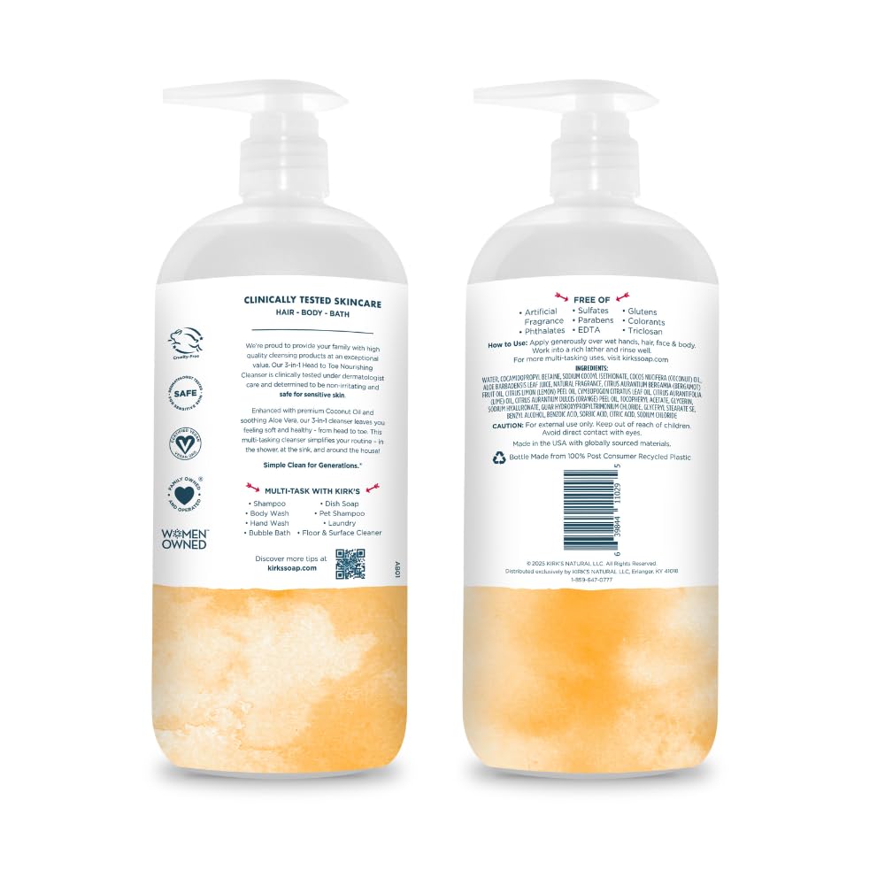 Kirk's 3-in-1 Head to Toe Nourishing Liquid Cleanser- for Men, Women & Children - Premium Coconut Oil & Aloe Vera- Non GMO & Vegan - Citrus Twist - 32 Beauty & Personal Care Kirk's