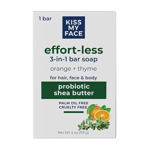 Kiss My Face Effort-Less 3-in-1 Bar Soap - Orange + Thyme - Probiotic Bar Soap for Face, Hair, and Body with Shea Butter - Palm Oil-Free Beauty & Personal Care Kiss My Face