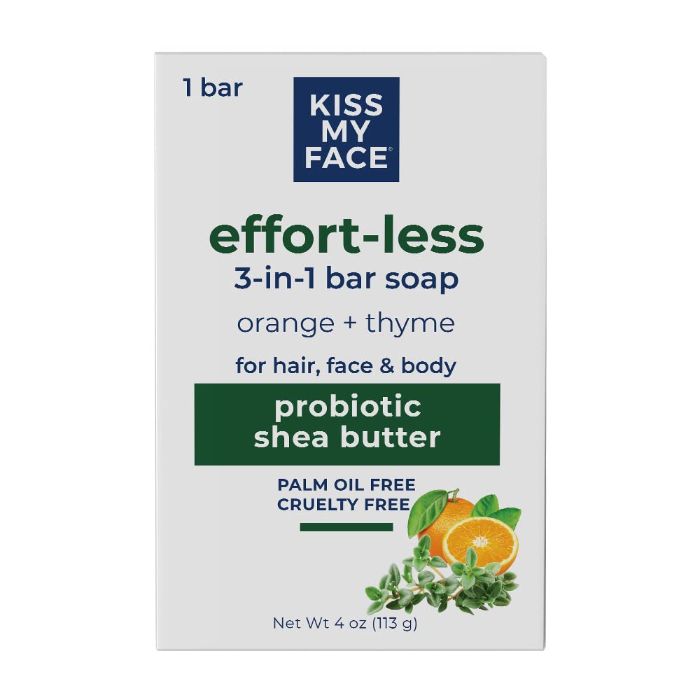 Kiss My Face Effort-Less 3-in-1 Bar Soap - Orange + Thyme - Probiotic Bar Soap for Face, Hair, and Body with Shea Butter - Palm Oil-Free Beauty & Personal Care Kiss My Face