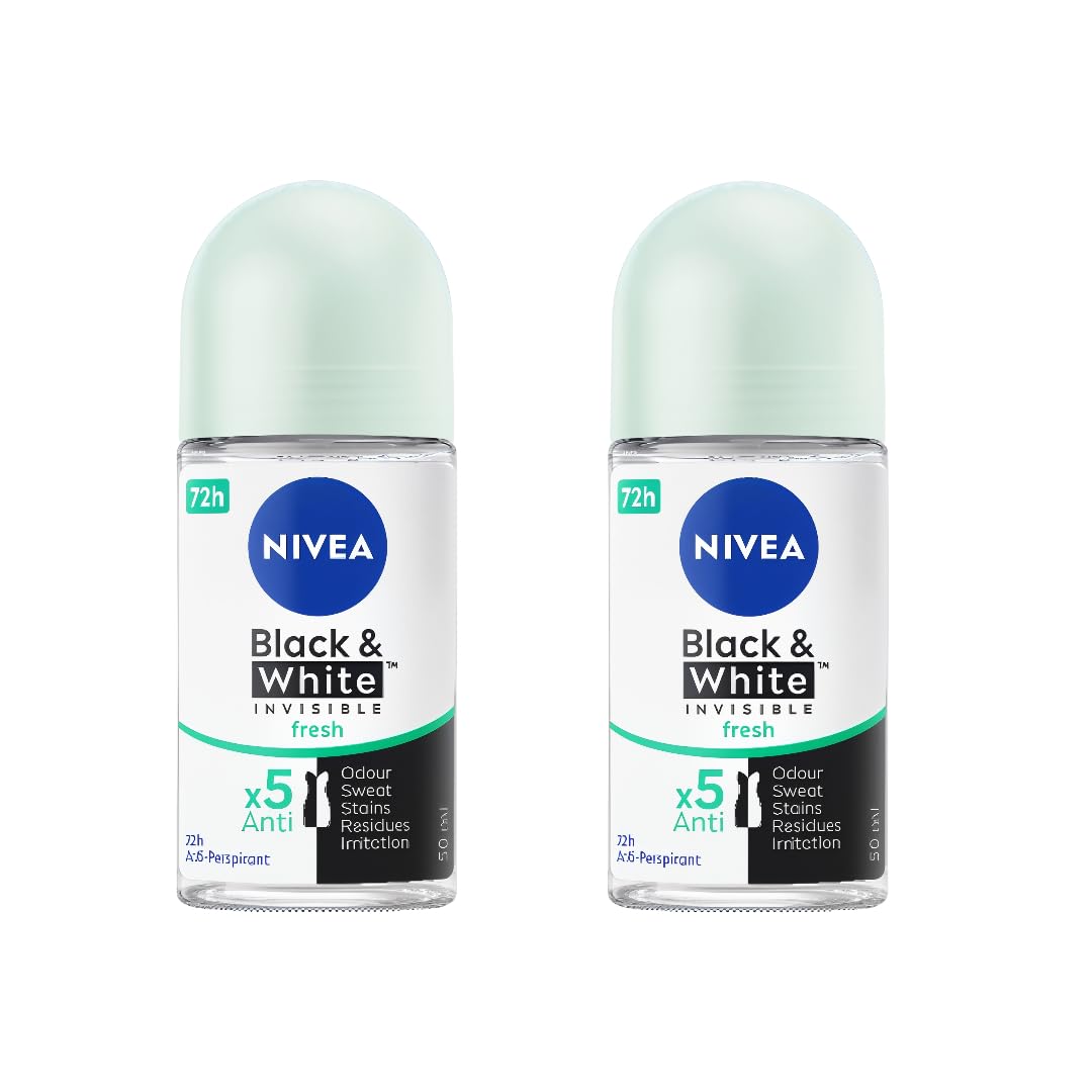NIVEA Black & White Invisible Fresh Anti-Perspirant Roll-On Deodorant, 50 mL - 72H Odor & Sweat Protection, Anti-Stain on Black & White Clothes Beauty and Personal Care NIVEA