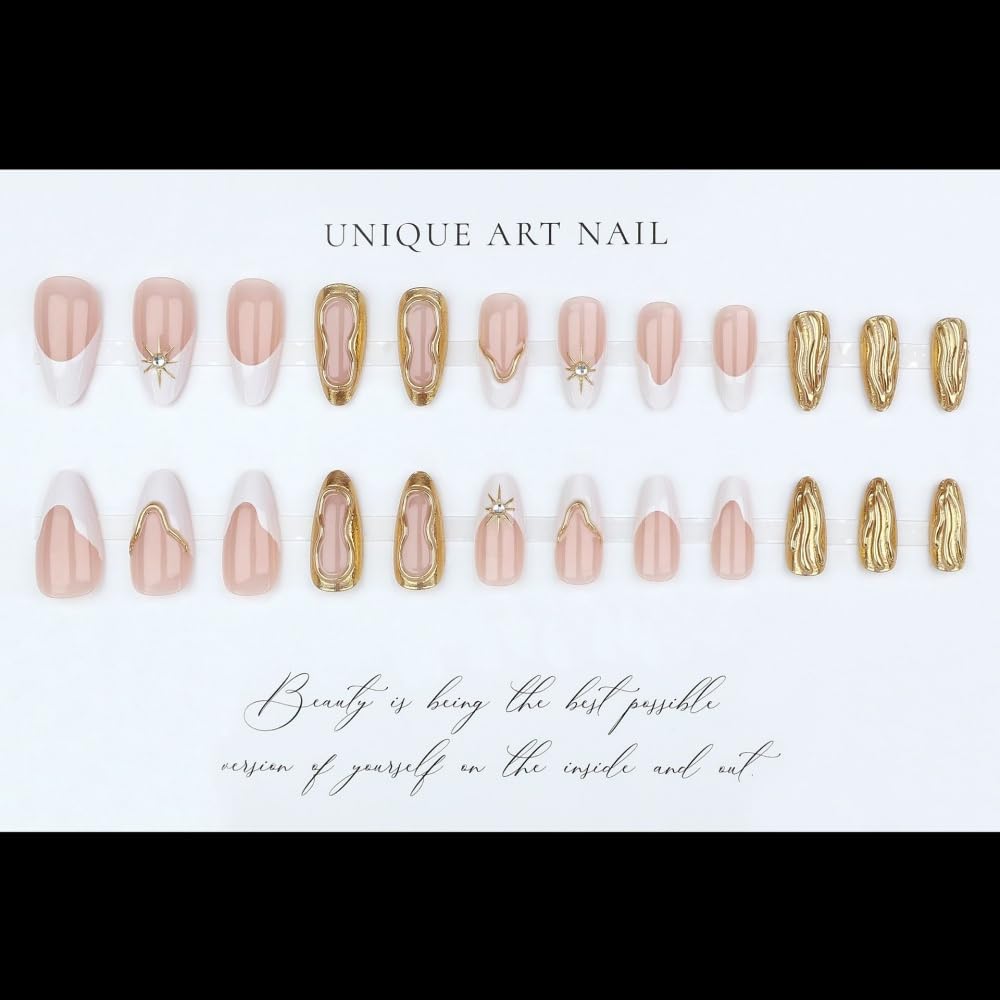 Medium Almond Press on Nails French Tips Nails Press on with 5D Star Charm Design Glossy Gold Lines Glue on Nails Metallic Golden Fake Nail Full Cover Beauty and Personal Care BLGTGH