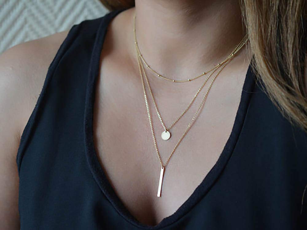 DoubleNine Multilayer Necklace Gold Bar Pendant Simple Sequins Geometric Necklace Layered for Women Beauty & Personal Care Doubnine