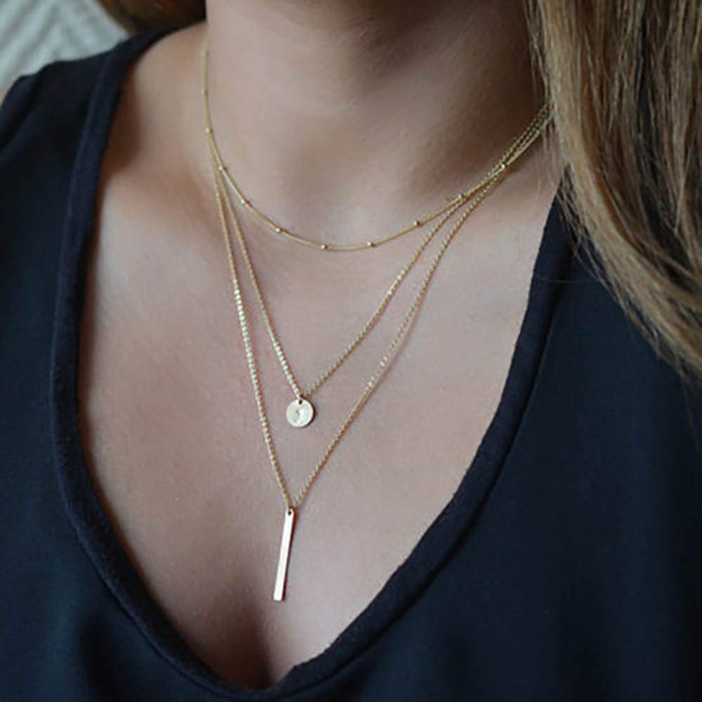 DoubleNine Multilayer Necklace Gold Bar Pendant Simple Sequins Geometric Necklace Layered for Women Beauty & Personal Care Doubnine