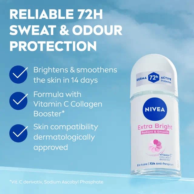 NIVEA Extra Bright 8 Super Food Vitamin C Collagen Booster Underarm Roll-On Deodorant, Alcohol-Free, 72HR Odor Protection, Smooth & Bright Skin, 50ml Beauty and Personal Care NIVEA