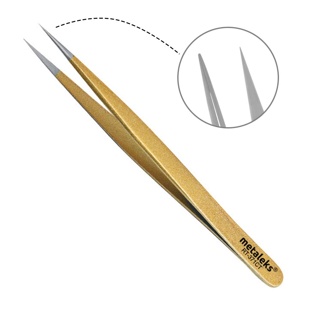 Tweezers for Eyelash Extension Hand Crafted Surgical Stainless Steel Metallic Gold Powder Coated (Supper Straight Tip.) Beauty & Personal Care metaleks