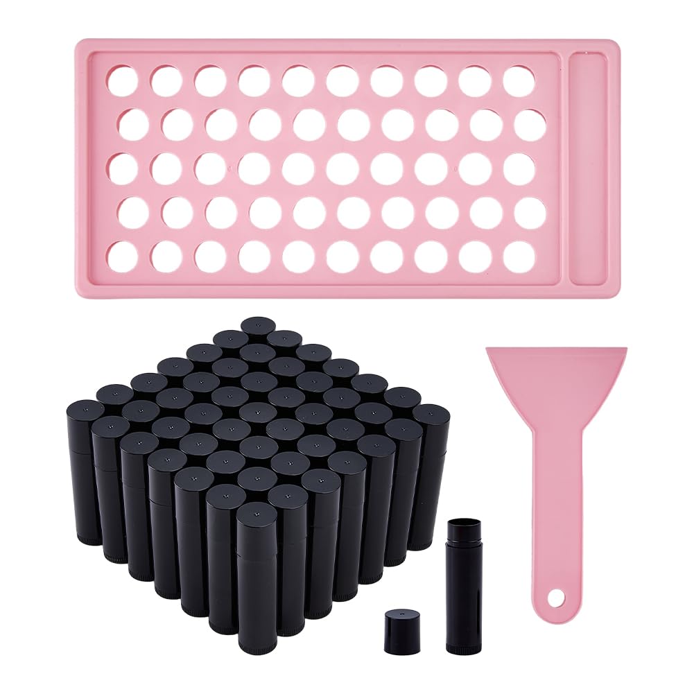 DICOSMETIC Lip Balm Tubes with Pink Filling Tray and Spatula Set Including 50Pcs 5G Black Empty Lip Balm Containers with Caps for DIY Homemade Beauty and Personal Care DICOSMETIC