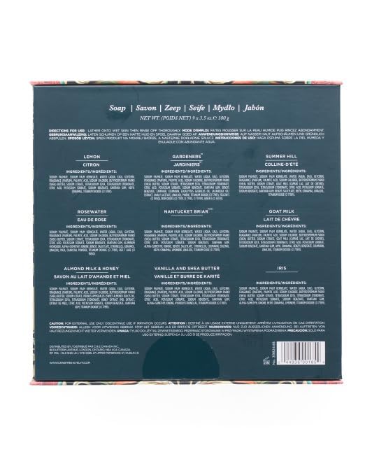 Crabtree & Evelyn Triple Milled Bar Soap 9 Pc Set 3.5 oz Each (Gardeners, Summer Hill, Nantucket, Iris, Goat Milk, Rosewater, Citron, Almond & Honey Beauty & Personal Care Crabtree & Evelyn