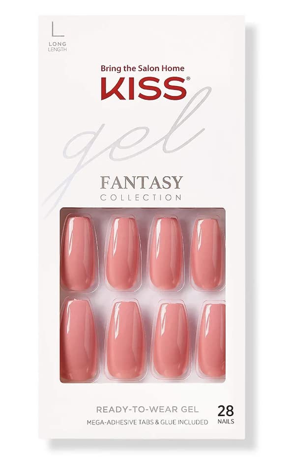 Kiss Gel Fantasy Collection Fake Nails Manicure Set, Pink, Long Length, Coffin Shaped, Style 'Urbane', with Mini Nail File, Pink Gel Nail Glue & 28