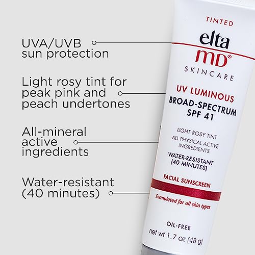 EltaMD UV Luminous Tinted Face Sunscreen and Primer, SPF 41 Rosy Tinted Mineral Sunscreen with Zinc Oxide, 1.7 oz Tube Beauty & Personal Care EltaMD