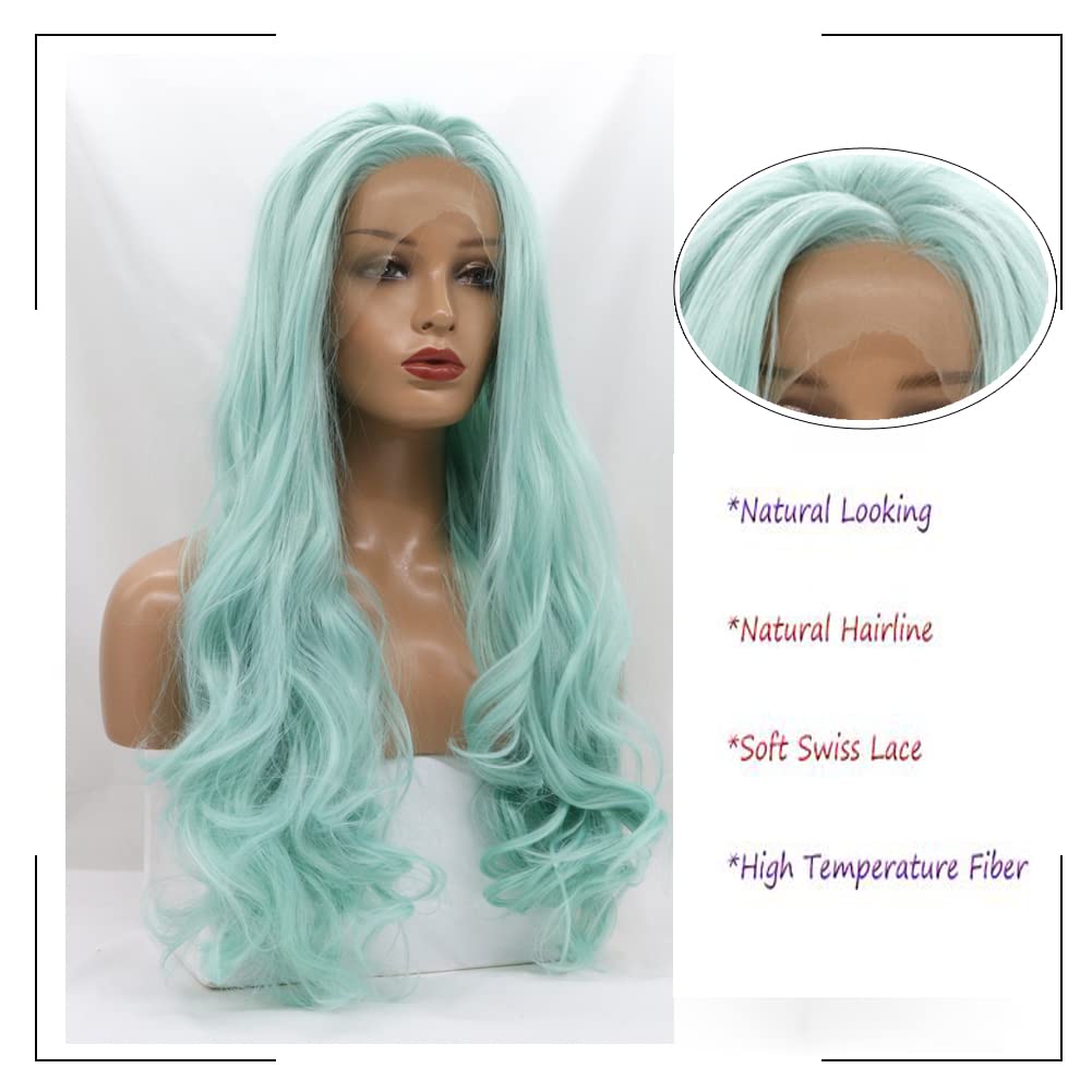 Kalisa Mint Green Lace Front Wig Long Wavy Blue Green Side Part Natural Hairline Wig Synthetic Curly Pre Plucked Wig Heat Resistant Glueless Wigs for