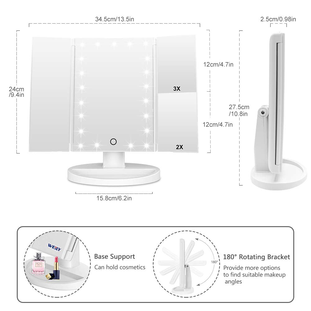 WEILY Makeup Mirror with 21 LED Lights,Two Power Supply Modes, Adjustable Touch Screen and 1x/2x/3x Magnification Tri-Fold Vanity Mirror,Chargeable Beauty & Personal Care WEILY