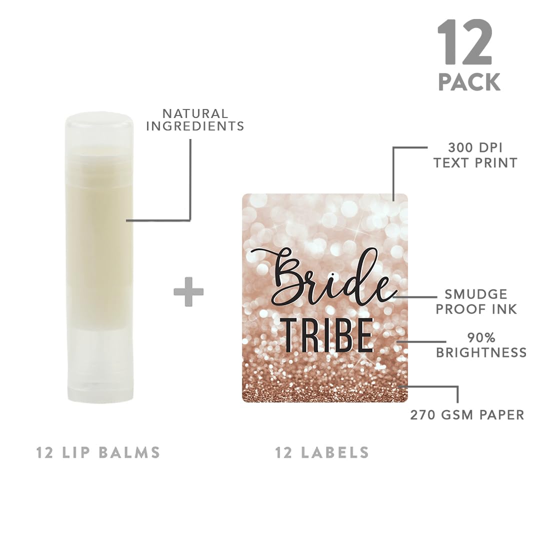 Andaz Press Bridal Shower Bachelorette Party Lip Balm Party Favors Faux Rose Gold Glitter Shimmer, Bride Tribe, Bridesmaid Lip Gloss 12-Pack Bride Beauty & Personal Care Andaz Press