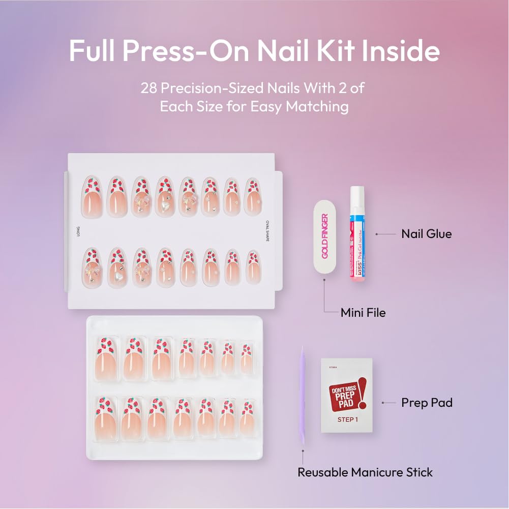 Glitzy 3D Handmade Press On Nail Kit, Rhinestone Strawberry French Tip Long Almond False Nail, Reusable & Lasts Up To 2 Weeks, Seamless Snug Fit