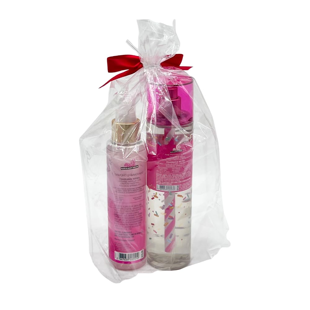 Bath & Body Works MILK BAR BIRTHDAY CAKE Fine Fragrance Mist & Diamond Shimmer Mist 2pc bundle with a Red Bow for Holidays & Gifts Beauty & Personal Care Bath & Body Works