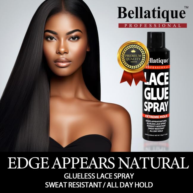 BELLATIQUE Lace Glue Spray (6.76 oz) - Extreme Hold. Edges Appear Natural, Humidity Resistant, Sweat Resistant, All Day Hold, Quick Drying, Flake