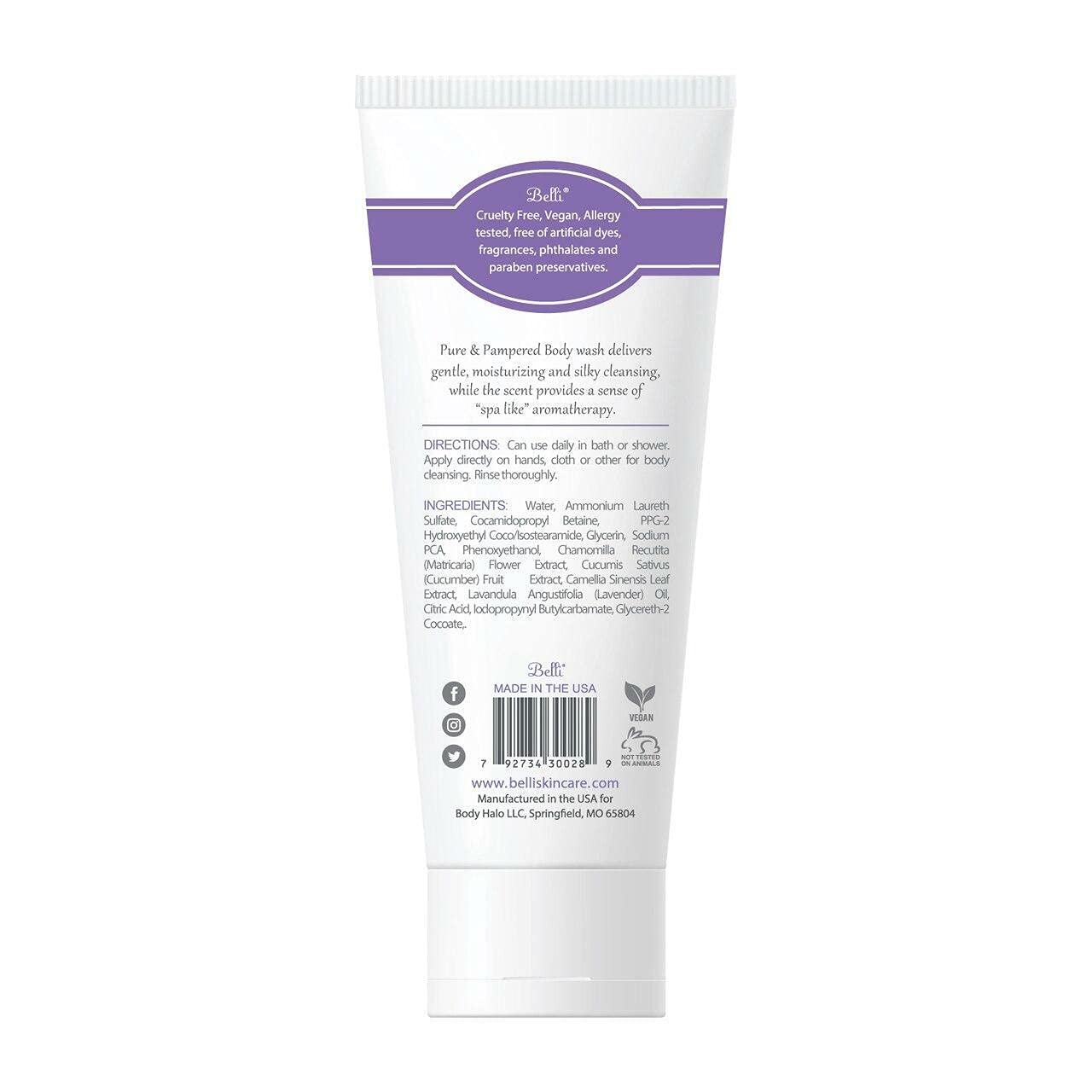 Belli Skincare Pure and Pampered Body Wash, Moisturizing Skin Cleanser, Contains Cucumber Green Tea Extracts, For All Skin Types, Dermatologist Beauty & Personal Care Belli