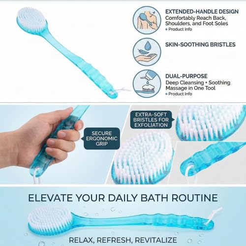 Ergonomics Long Handle Shower Brush, Exfoliating Back Scrubber with Stiff and Soft for Wet or Dry Brushing, Body Brush for Deep Cleansing and Massage Beauty and Personal Care GLOGLOW