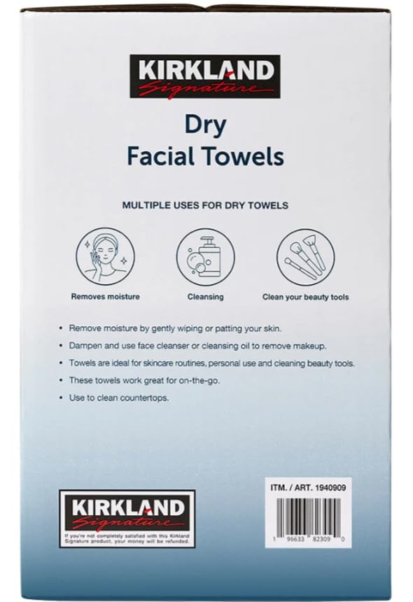 Kirkland Signature Daily Dry Facial Towels, 200-Count - Extra Soft Disposable Face Towels for Cleansing, Makeup Removal & Skincare - Gentle, Hygienic