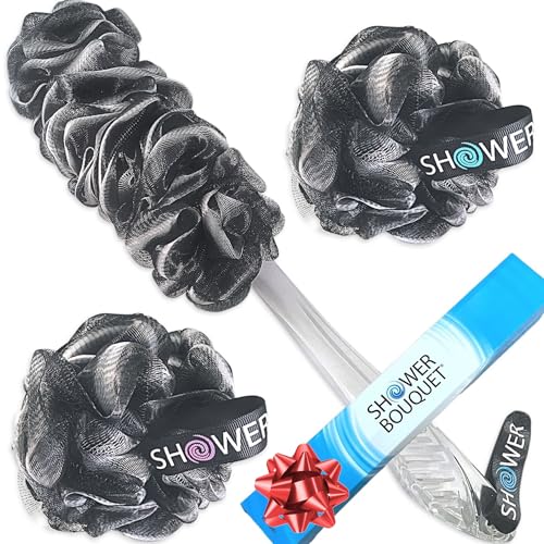 SHOWER BOUQUET Loofah-Charcoal Back-Scrubber & Bath-Sponge Set // 1 Long-Handle-Back-Brush Plus 2 Extra Large 75g Soft Mesh Loofa-Lufa-Loufa Puff Beauty & Personal Care Shower Bouquet