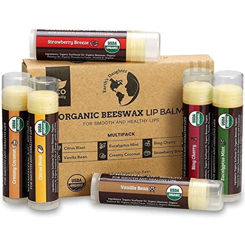 Earth's Daughter USDA Organic Lip Balm 6-Pack - Fruit Flavors, Beeswax, Coconut Oil, Vitamin E - Best Lip Repair Chapstick for Dry Cracked Lips Beauty & Personal Care Earth's Daughter