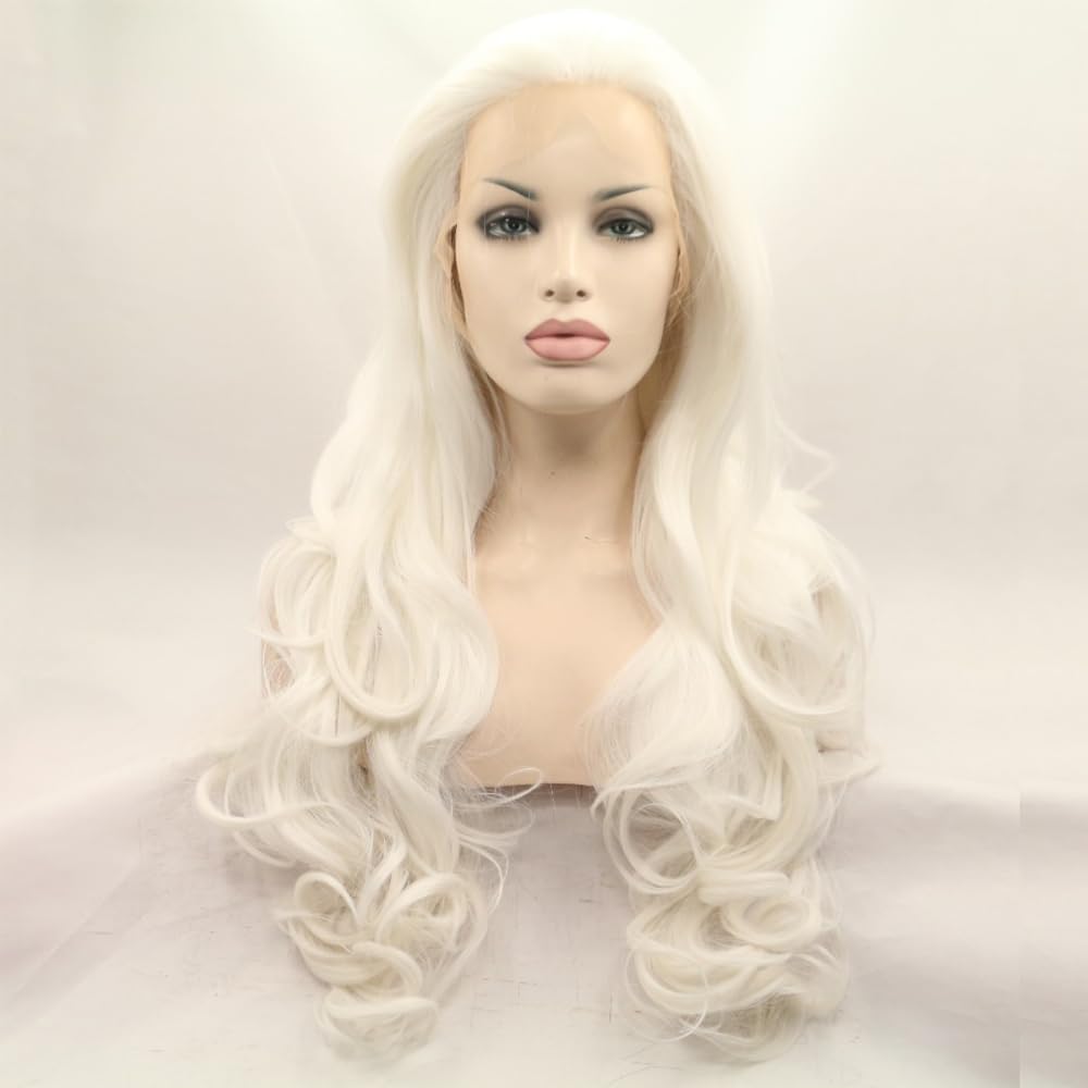 xiweiya 60# Platinum Blonde Wavy Lace Front Wig Long White Blonde Wavy Curly Synthetic Lace Front Wig White Queen Wig 13x3 Lace Wig Heat Resistant