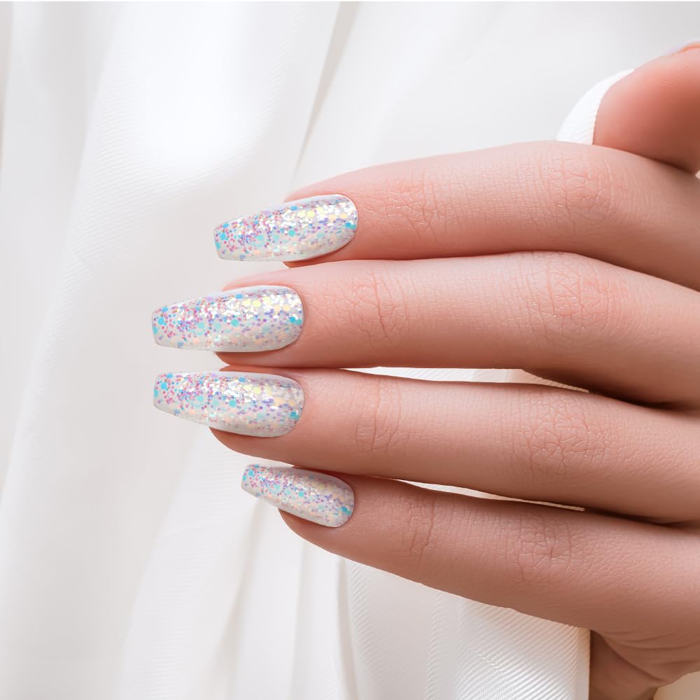 KISS False Nails Kit, Dreamdust Ready to Wear Gel Sculpted Nails, Stick and Glue Included, Long Length, Coffin Shape with White Glitter Effect
