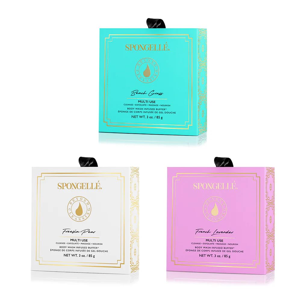 Spongellé Wild Flower Bath Sponge with Box Bundle, Mothers Day Gift - Beach Grass, French Lavender, Freesia Pear - Built-in Body Wash & Body Scrubber Beauty and Personal Care SPONGELLÉ