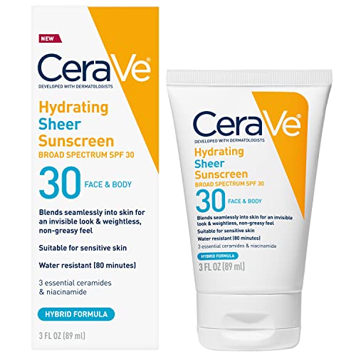 CeraVe Hydrating Sheer Sunscreen with SPF 30 for Face and Body, Mineral & Chemical Sunscreen for Men & Women with Zinc Oxide, Hyaluronic Acid Beauty and Personal Care CeraVe Default Title