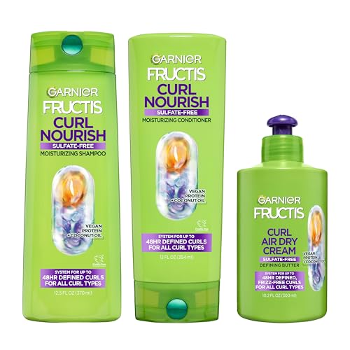 Garnier Fructis Curl Nourish Moisturizing Shampoo & Conditioner Set for Curly Hair with Air Dry Cream, Up to 48 Hours of Curl Definition, Sulfate Free