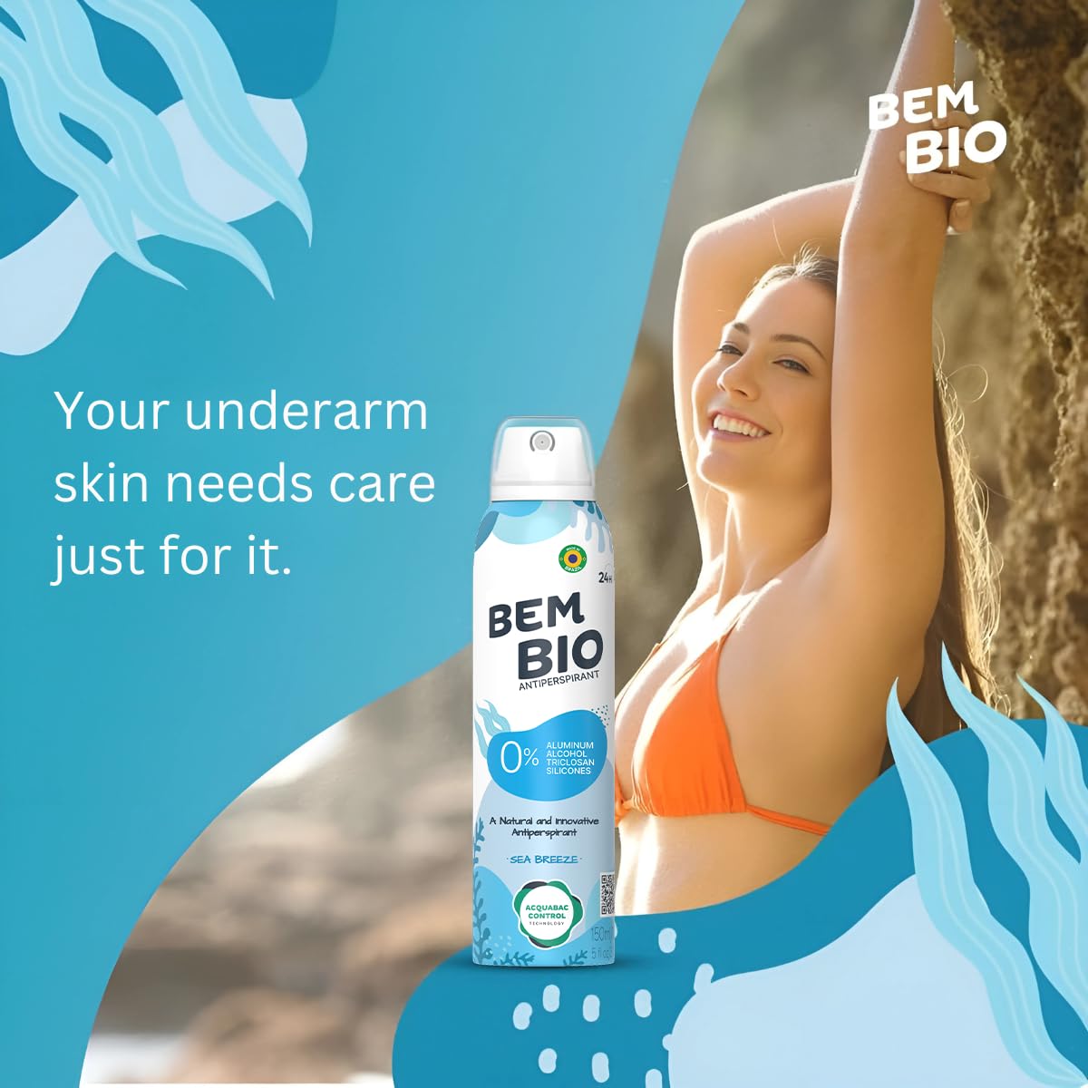 Bem Bio Sea Breeze Biotranspirant Deodorant Natural, Aluminum-Free, Vegan, 24-Hour Protection, 150ml (5.07 fl oz) Beauty and Personal Care BEM BIO