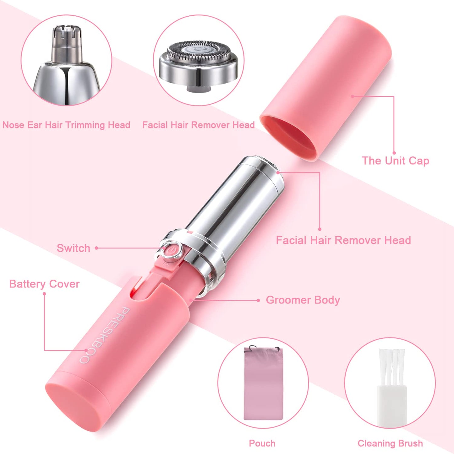 PRESKBOO Nose Hair Trimmer for Women 2in1 Facial Hair Removal Trimmers- Waterproof, Portable with Travel Bag- Trims Nose, Ear, Eyebrow,Peach-Fuzz Beauty and Personal Care PRESKBOO