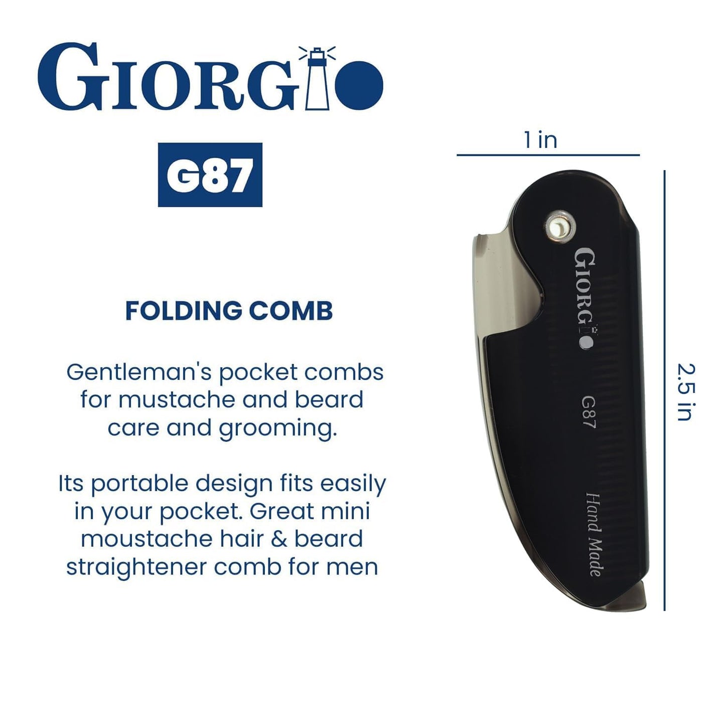 Giorgio G87 Folding Mustache and Beard Comb, Small Pocket Comb for Men,Fine Tooth,Handmade, Saw-cut, Hand Polished,Pocket Styling Combs for Everyday Beauty and Personal Care GIORGIO