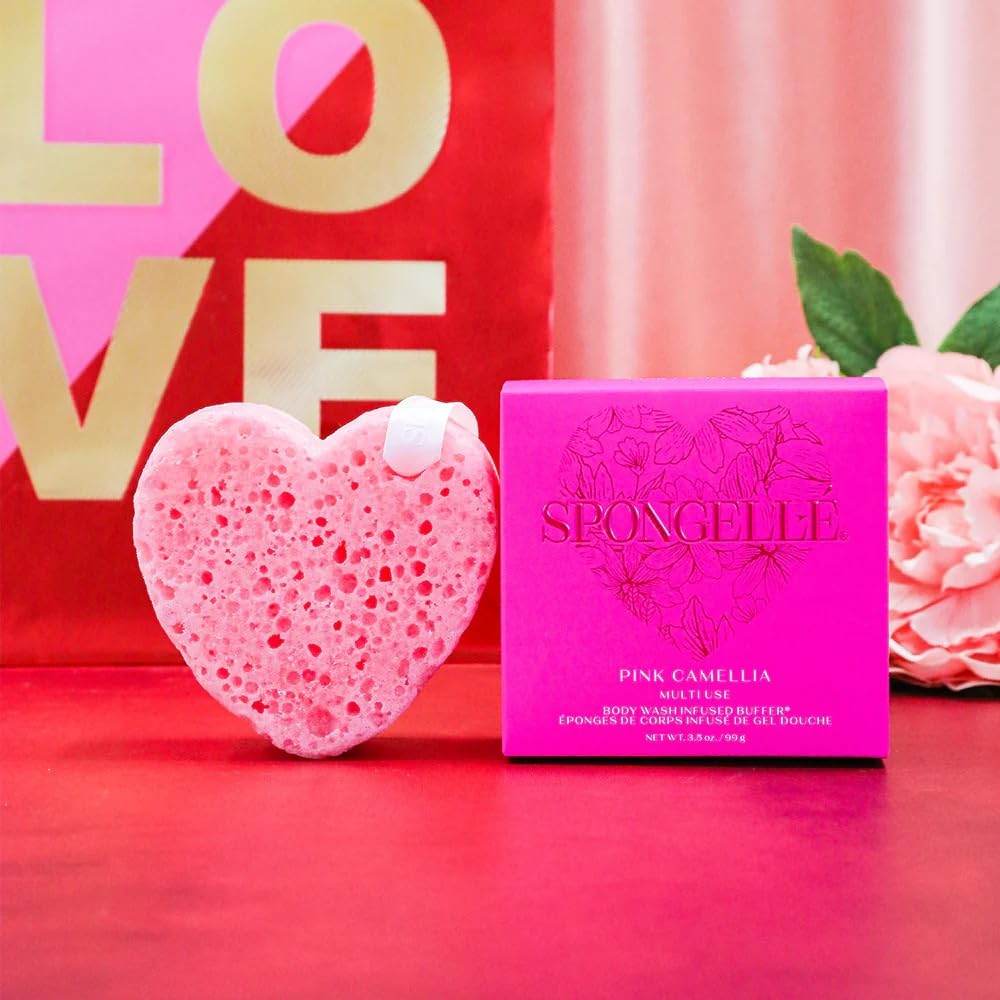 Spongellé Pink Camellia Heart Bath Sponge - Built-in Body Wash & Body Scrubber, Shower Loofah Sponge for Women - 20+ uses Beauty and Personal Care SPONGELLÉ